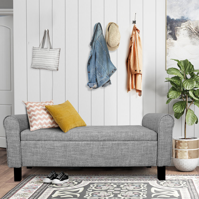 Upholstered Storage Bench End of Bed, Light Gary, Linen