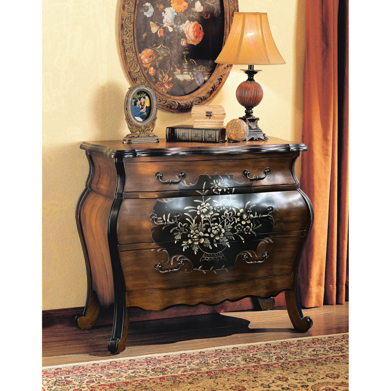 Commode de chambre à coucher avec motifs artistiques - chêne et noir antique 3 ajoute une touche de luxe