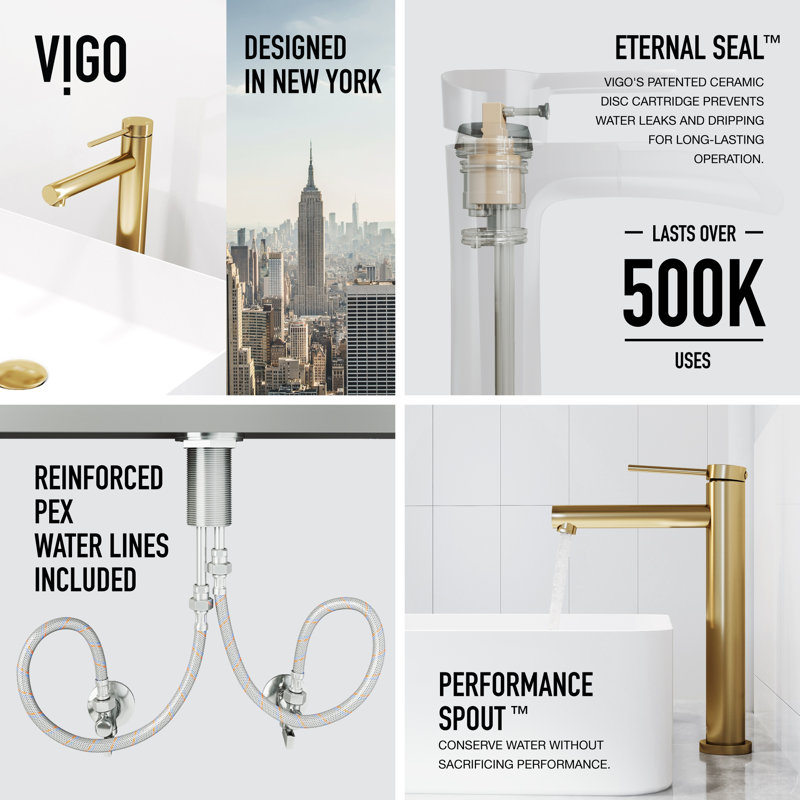 Jewel 11 in. Vessel Bathroom Sink Faucet, Matte Brushed Gold
