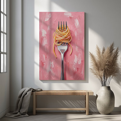 1pc Framed Canvas Wall Art Prints Poster, Spaghetti Fork Pasta Print, Pink Textured Kitchen Art Posters Canvas Print Painting for Living Room Bedroom Office Bathroom Dorm Home Decor, Ready To Hang