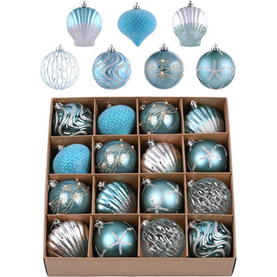  Ensemble de décorations d'arbre Summer Beach, 16ct, bleu clair et argent, incassable, décorations de Noël en boules en vrac, 2,36 pouces de bord de mer, nautique, marine, décoration suspendue de Noël
