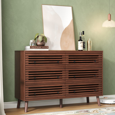 Mid Century Modern 47 Inch Wide Fluted 6 Drawers Dresser, Wooden Chest of Drawers Storage Organizer for Bedroom, Closet, Living Room & Hallway, Walnut