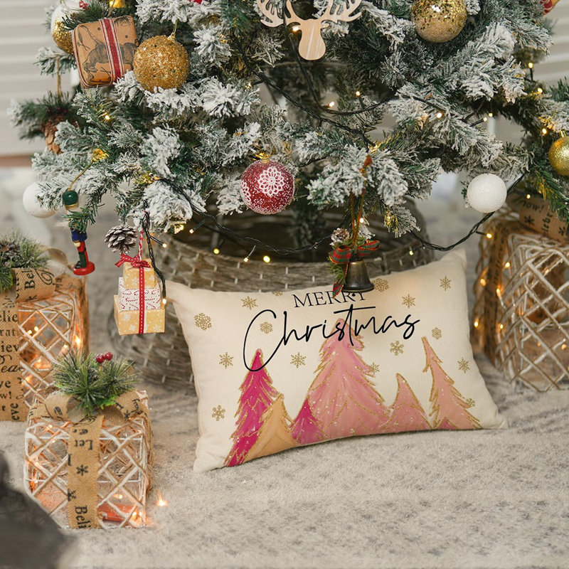 Housse de coussin rose pour arbre de Noël Merry Christmas, housse de coussin rose 12 x 20 pouces pour canapé