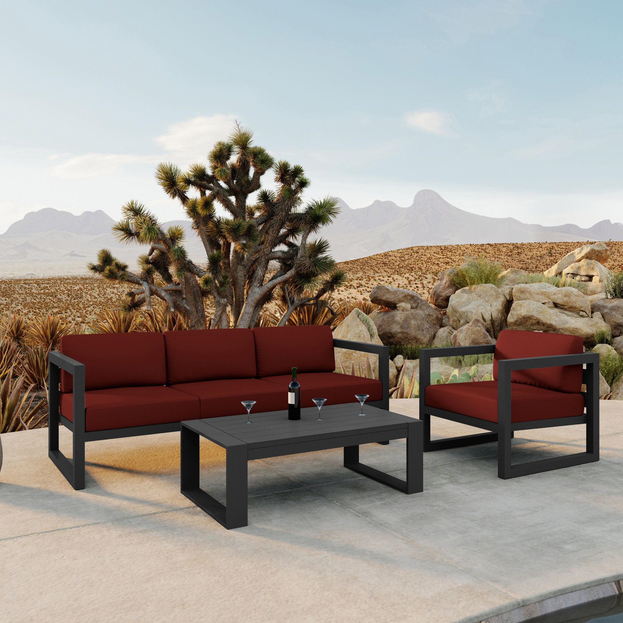 Smith 3 Piece Sofa Seating Group with Sunbrella® Cushions, Canvas Henna, Slate Gray