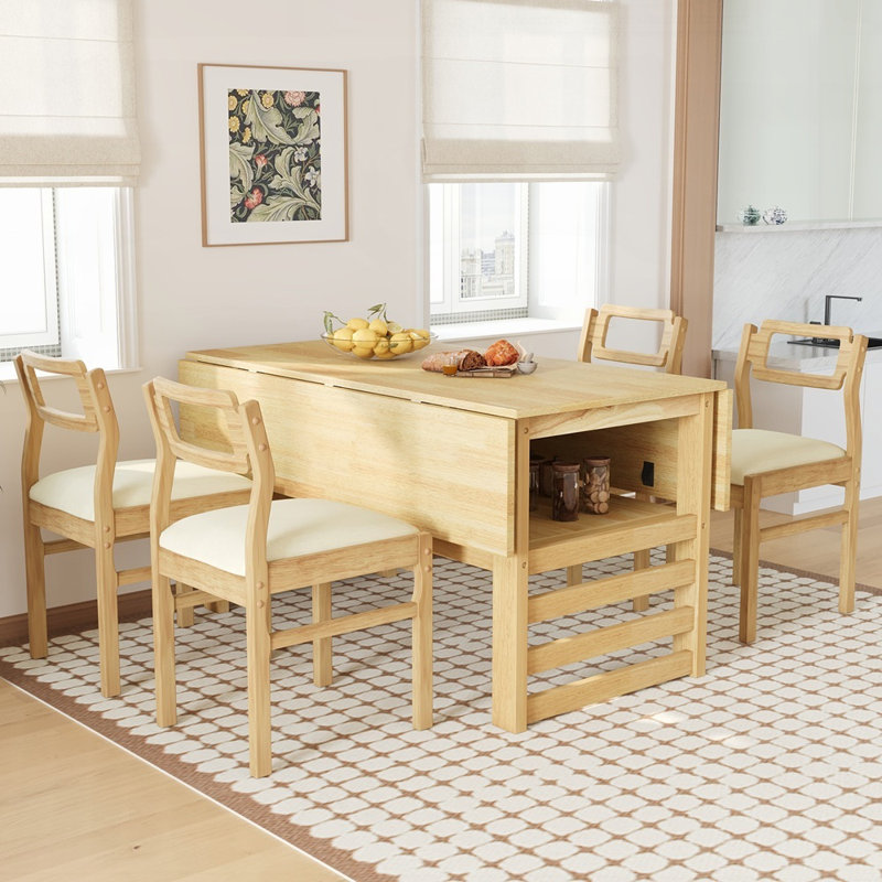 Table de salle à manger extensible en bois d'hévéa avec abattants et rangement sous la table, parfaite pour les petits espaces et une utilisation polyvalente.
