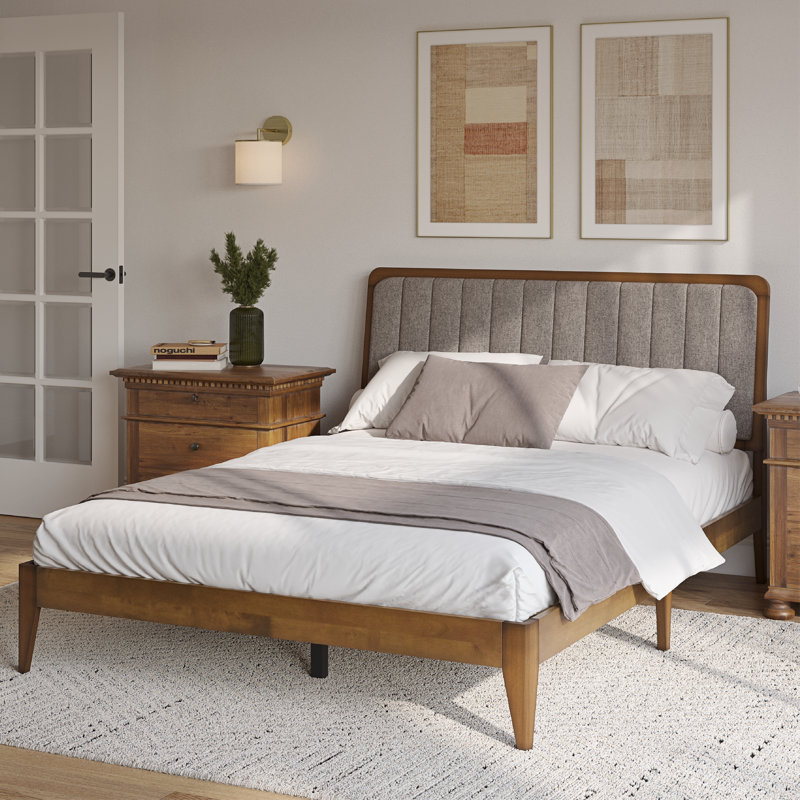 Bethelmie Solid Wood Upholstered Headboard Bed Frame, King, Walnut/Brown