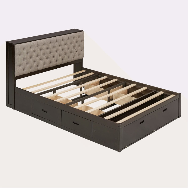 Grand lit plateforme en bois avec tête de lit, étagère à chaussures et 4 tiroirs, Espresso