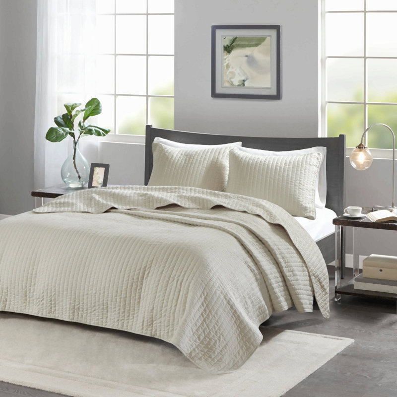 Ensemble de courtepointe matelassée réversible 3 pièces en coton et lin, couleur crème, pour lit double/queen