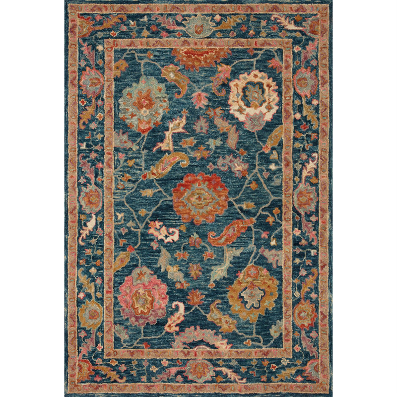 Tapis bleu / brun en laine crocheté à la main Elmsford, Rectangle de 5 pi x 7 pi 6 po