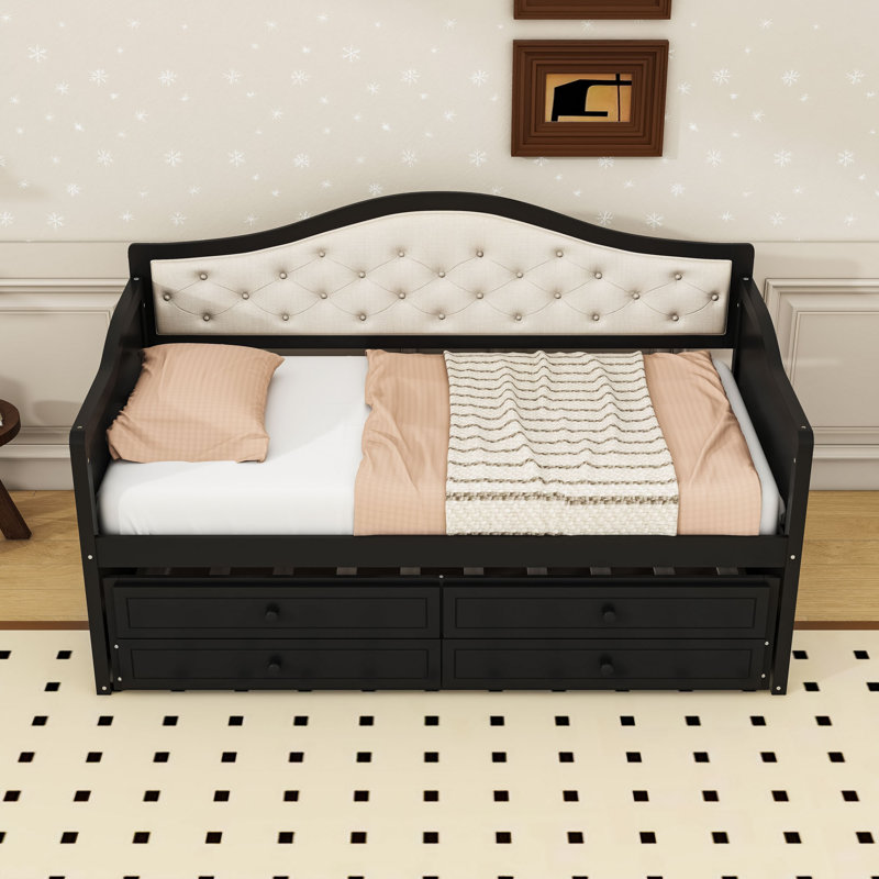 2 Drawers Twin Daybed with Twin Trundle and Upholstered Button-Tufted Backrest, Black
