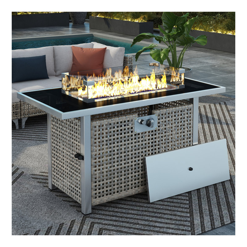 K&K 43" Propane Gas Fire Pit Table, 60000 BTU Rectangular Open Weave Wicker Fire Pit with Glass Wind Guard for Outside Patio Deck Garden Backyard