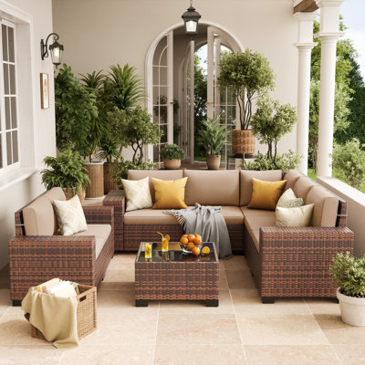 7 - Person Outdoor Rattan Sectional Seating Group With Cushions