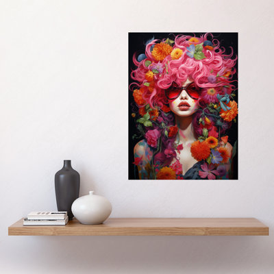 Wall Art Print Flowerpunk Woman with Pink Hair and Flowers Vibrant Artwork Pink on High Detail Portrait Poster