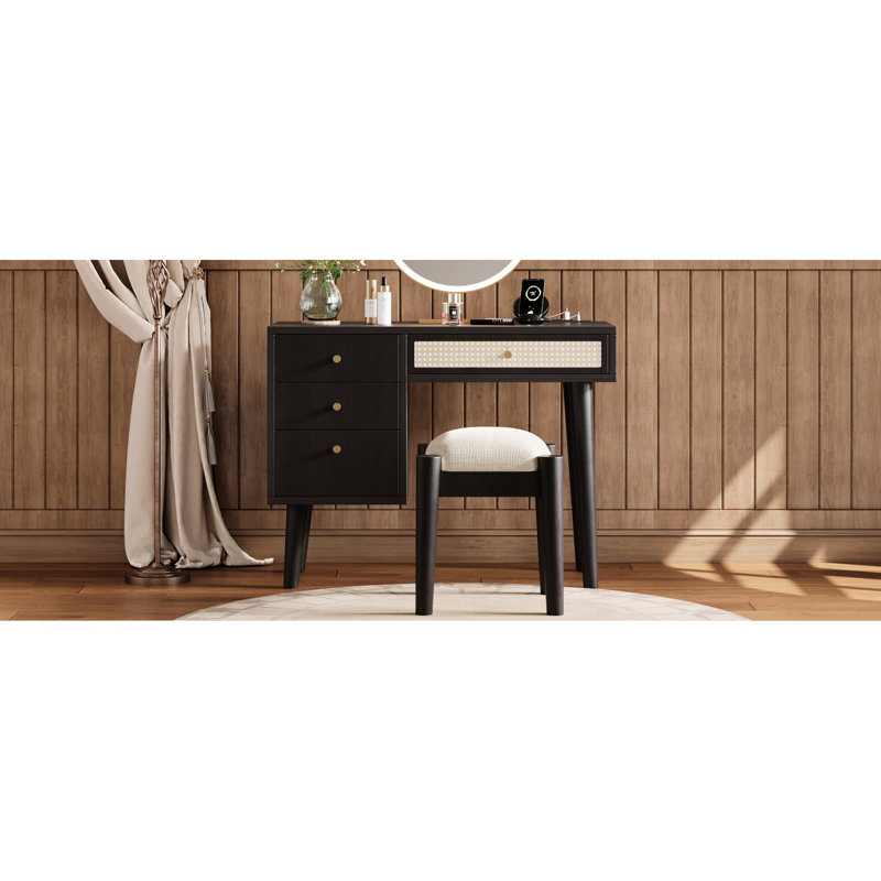 Meuble-lavabo élégant en bois noir avec 4 tiroirs, prise de charge et belle prise de rangement pour maquillage
