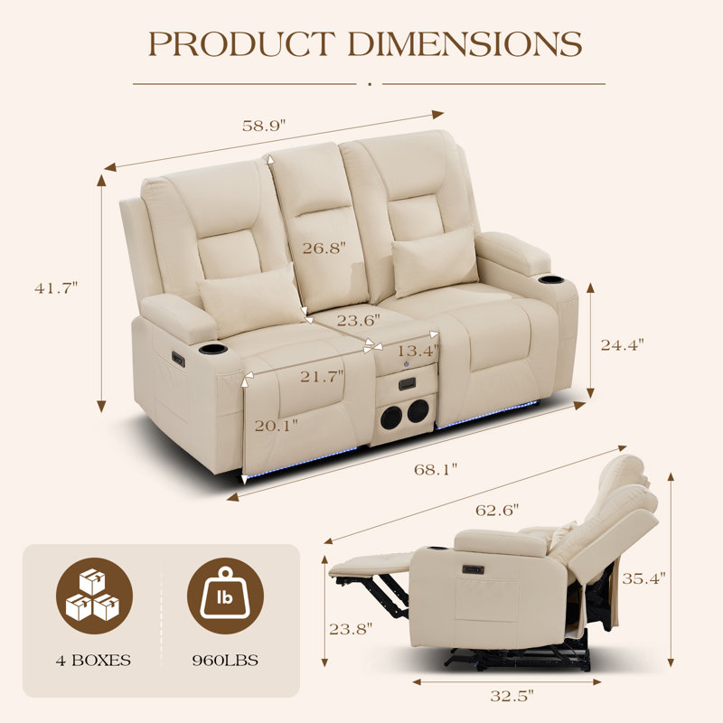 Causeuse inclinable électrique Zero Wall Hugger avec console rabattable, lumières DEL et haut-parleurs Bluetooth, Beige
