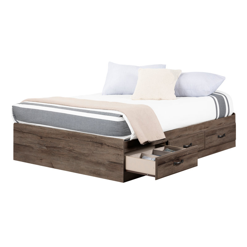 Jasi Wood Standard Bed with 3 Storage Drawers, Fall Oak, Full