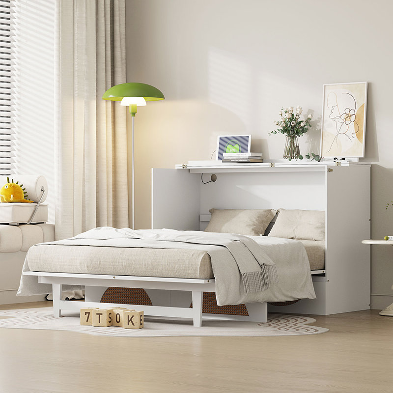 White Queen Murphy Bed with Rattan Drawer and USB Ports