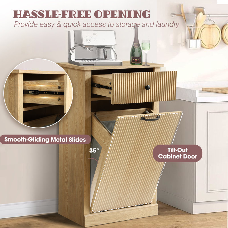 Armoire à linge inclinable de 35,8 po de hauteur, armoire à poubelle cannelée moderne avec tiroir, armoire à ordures cachée en bois pour la cuisine et la salle de bain