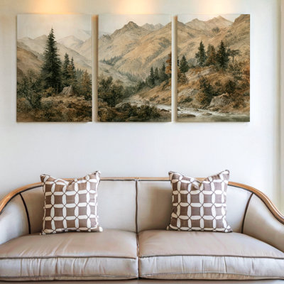 3 pièces d'art mural paysage de montagne avec arbres, art mural trois pièces pour le salon, la chambre à coucher et le bureau, prêt à être accroché, style galerie