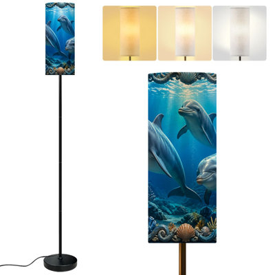 68.5" Standing Floor Lamp Playful Dolphins Swimming Among Colorful Coral Reef Oceanic Frame Dimmable Metal Pole Lamp with Linen Lampshade LED Bulb Included