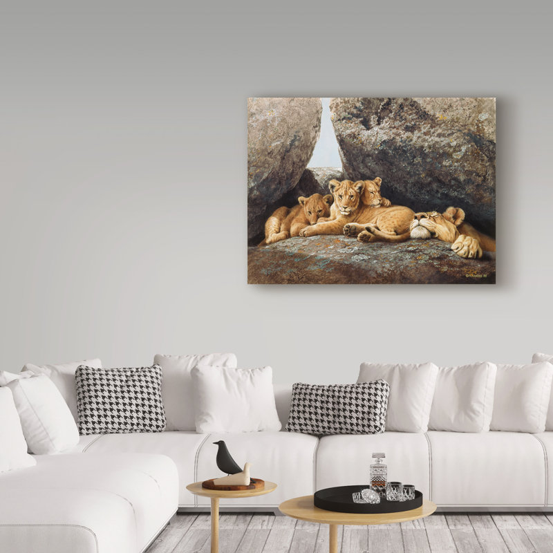 Reproduction de peinture acrylique sur toile tendue Yand «Lioness with Cubs», H 14 po x l 19 po x P 2 po