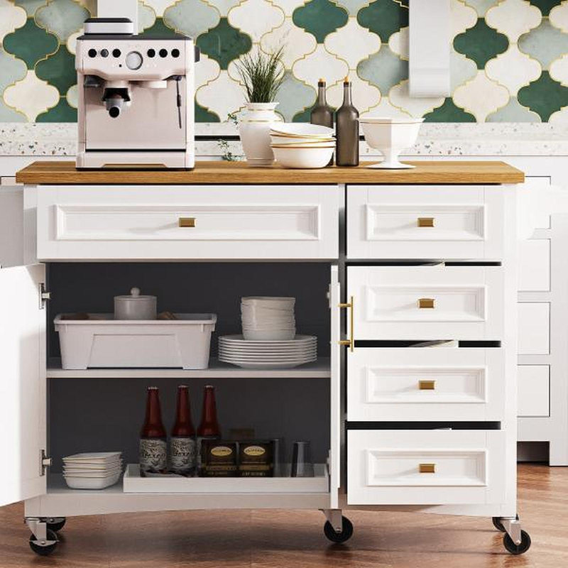 52'' Kitchen Island With Drop Leaf, Embossed Texture Kitchen Island On Wheels With Spice Rack, Towel Rack, 2 Doors And 5 Drawers, Kitchen Storage Cart With Adjustable Shelf For Kitchen, White