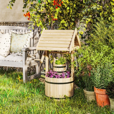 Wood Wishing Well For Outside With Hanging Bucket, Wishing Well Planter With Drain Hole For Garden Patio, Natural