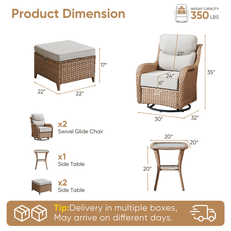 Ensemble de 5 pièces pour patio comprenant un fauteuil pivotant, un repose-pieds, une table d'appoint, des coussins ultra-moelleux de 15 cm et un tissu oléfine résistant à l'eau.