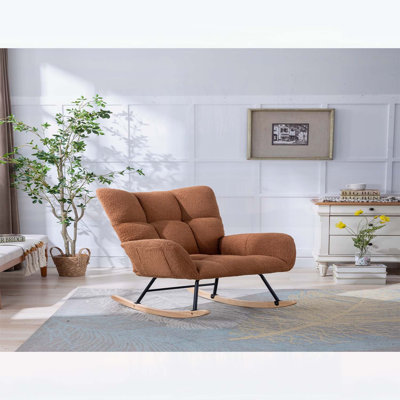 Fauteuil berçant à oreilles en tissu Teddy avec poche de rangement latérale, chaise berçante d'allaitement douce et confortable, base en bois massif robuste et sécuritaire, chaise d'appoint polyvalente pour chambre de bébé et salon, brun