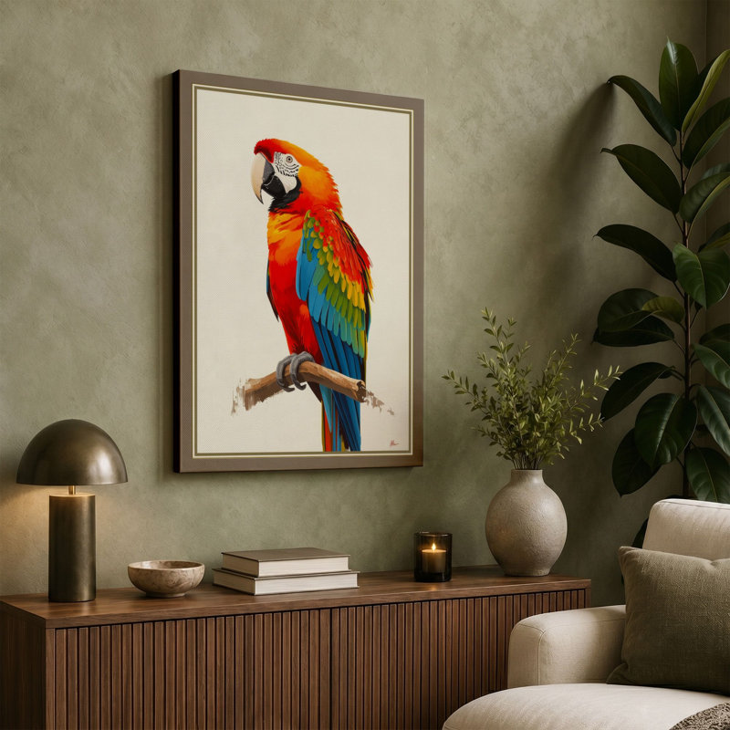 Scarlet Macaw Study Botanical - Wrapped Canvas, 36x24 - 91.4 x 61.0 cm, Taupe Border