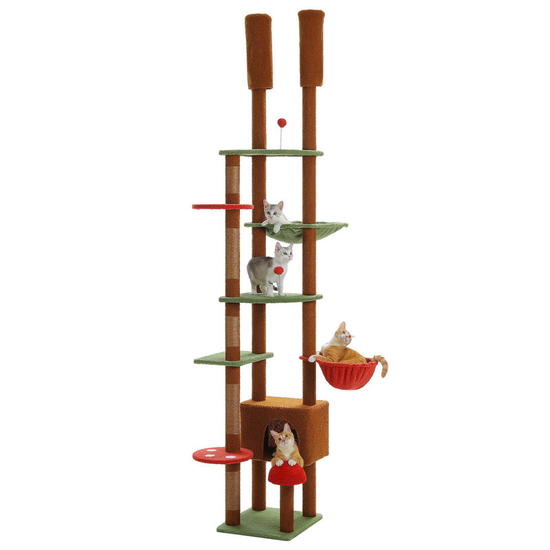Adjustable Brown and Green Tall Cat Tree with Condo and Hammock
