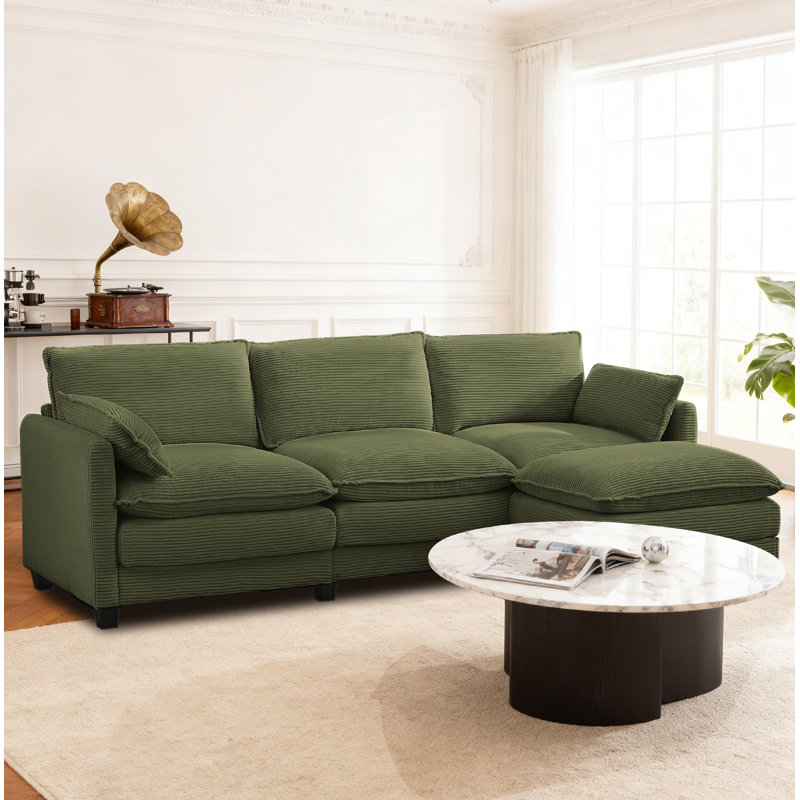102" Corduroy L-Shaped Couch 3-Seater With Movable Ottoman, Blue