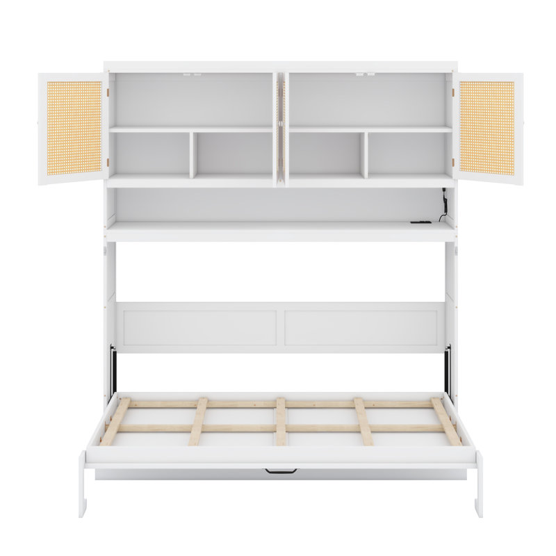 Unité de lit pliante verticale avec compartiment de rangement supérieur, lampe intégrée et connectivité USB, Blanc