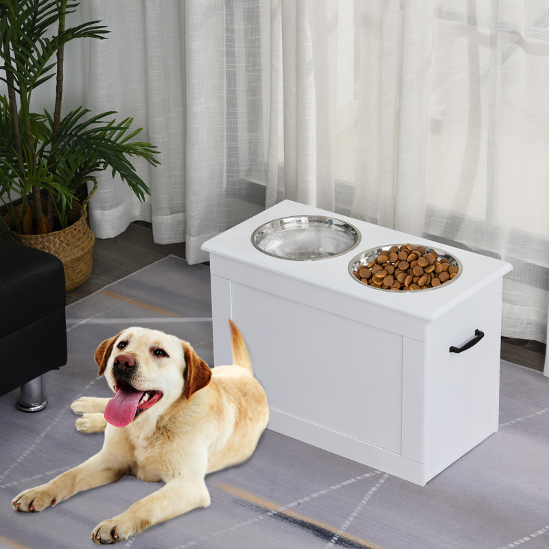 White Elevated Pet Feeder with Stainless Steel Bowls and Storage
