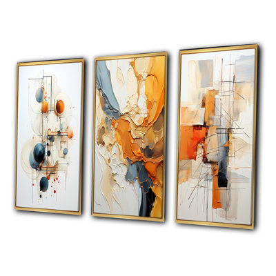 Teal Orange Line Art Conceptual Symbolism - Line Art Wall Art Set of 3