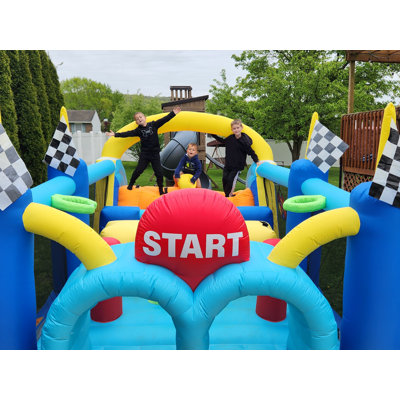 Jeu gonflable 7-en-1 avec double glissade, tunnels, mur d'escalade et panier de basketball, château gonflable géant de 19,7 pi pour enfants de 3 à 12 ans, fête dans la cour, capacité de 500 lb