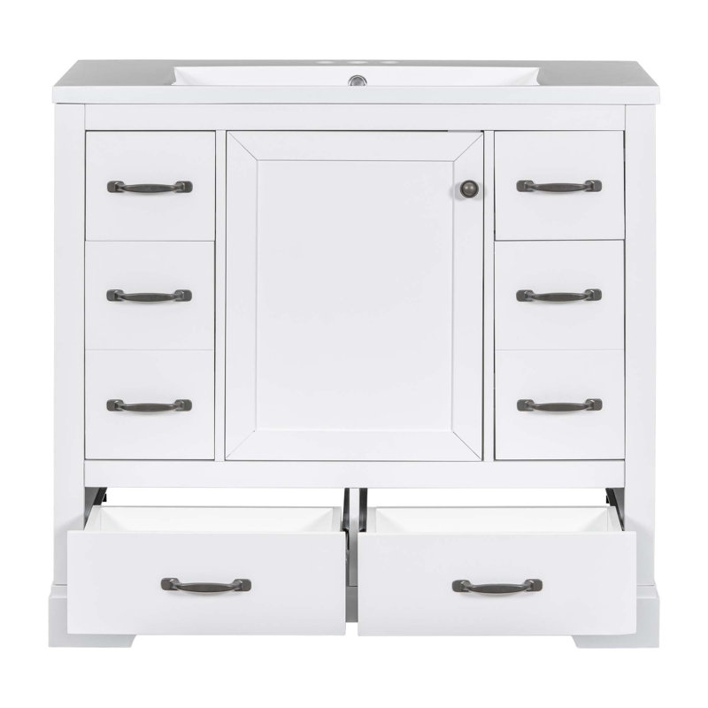 Meuble-lavabo 36 po avec lavabo 36 po, 6 tiroirs, diviseur de tiroir multifonctionnel, tablette réglable, Blanc