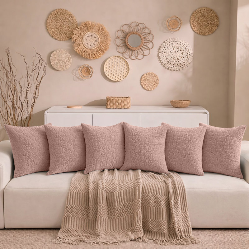 Aspire Homeware Geometric Square Velvet Cushion Covers, Pink, Pack of 6