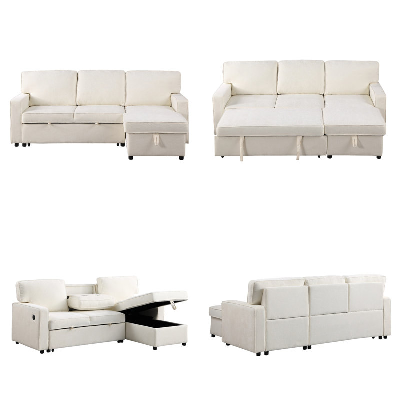 Canapé-lit modulaire rembourré avec rangement, port USB et porte-gobelets, Chenille beige