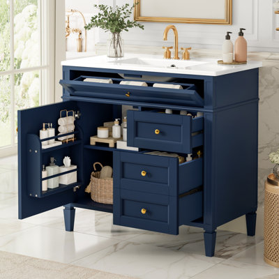Meuble-lavabo de 36 po avec lavabo supérieur SMC, meuble de rangement moderne avec 2 tiroirs et tiroir escamotable, meuble-lavabo simple