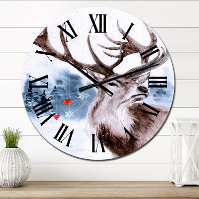 Paysage enneigé avec un renne et une forêt d'hiver - Horloge murale traditionnelle