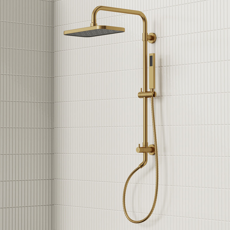 Wall Mount Rainfall Shower System, Dual‑Function Shower Head with Slide Bar, Handheld Shower, Brushed Gold