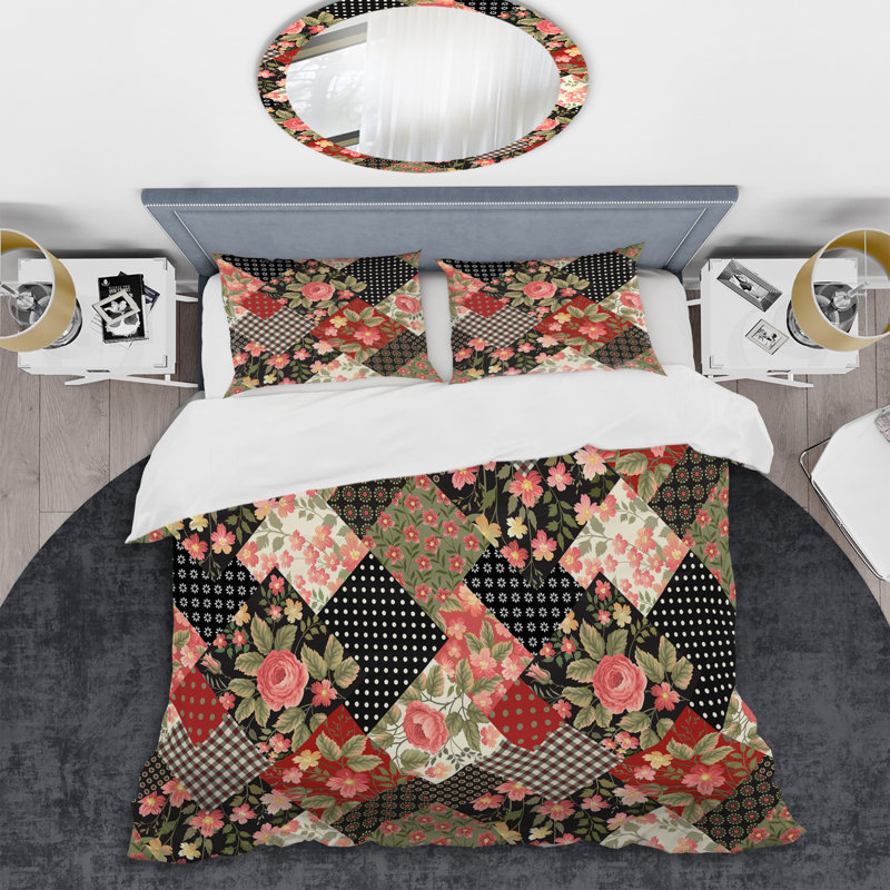 Patchwork de fleurs roses - ensemble de housse de couette abstrait - polyester microfibre