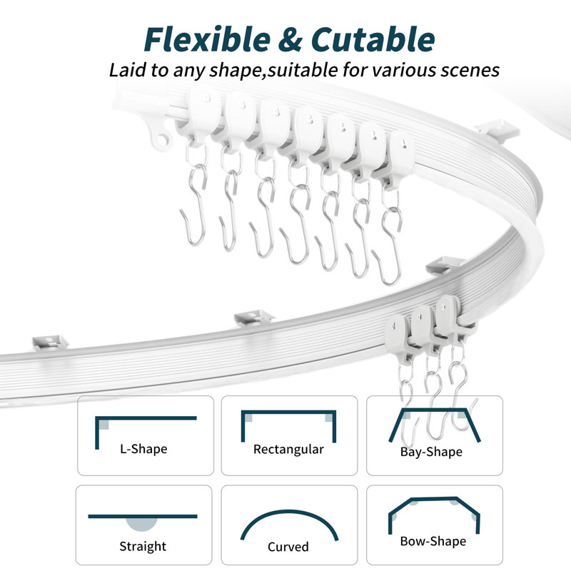 Tringle à rideau courbée flexible pliable 16,4 pi (5 m), PVC blanc mat, pour la maison, le bureau, le véhicule récréatif, la salle de bain
