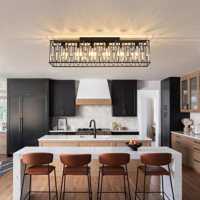 Garwarm Modern Crystal Chandelier Flush Mount Ceiling Light, 6-Light Black Rectangular Chandelier For Dining Room Living Room Kitchen Island Bar