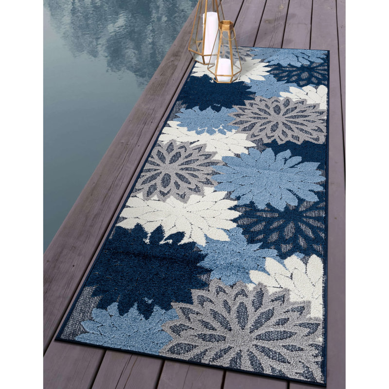 Tapis floral bleu marine / ivoire intérieur / extérieur, Marine, Tapis de couloir de 2 pi x 7 pi