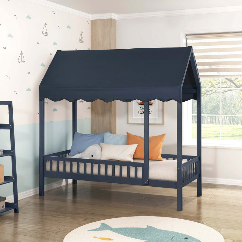 Lit plateforme en bois avec auvent en tissu, Marine