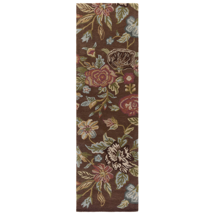 Emrick Hand Hooked Wool/Cotton/Latex Floral Rug in Brown