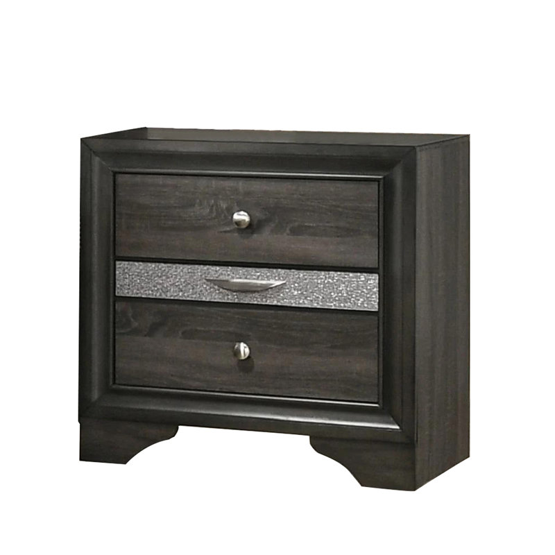 Table de chevet grise moderne avec 3 tiroirs et poignées argentées - tiroir caché pour rangement de bijoux en bois