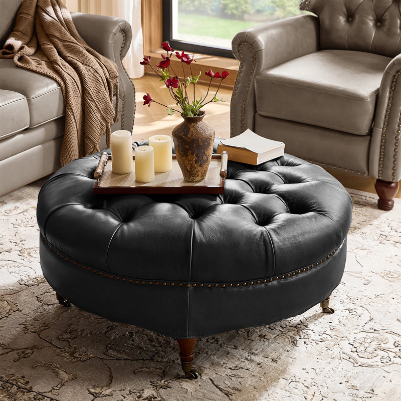 Gerardo 40"W Traditional Genuine Leather Ottoman with Tufted Top Nailhead Trim and Caster Wheels, Black